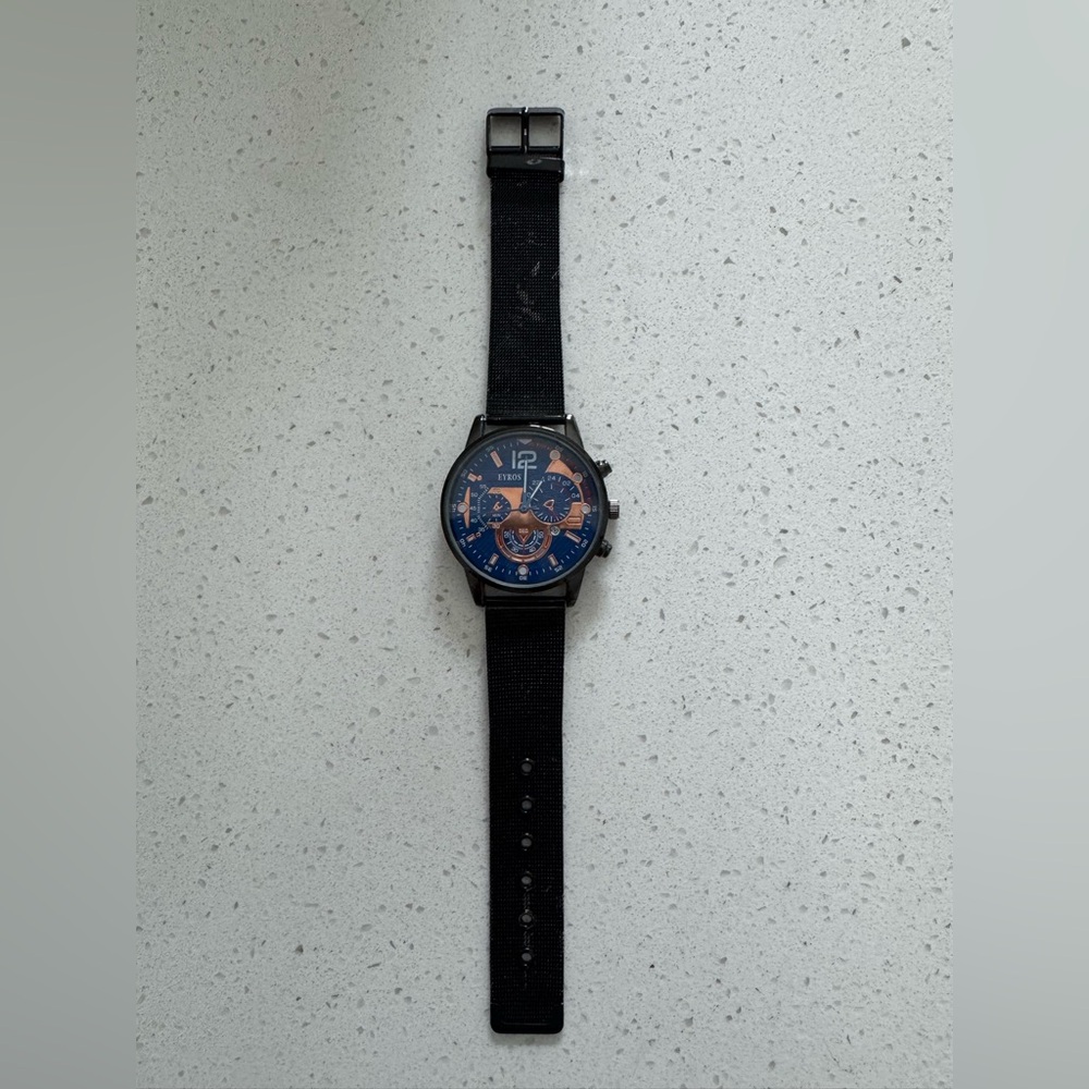 Eyros Chronograph Watch Black Mesh Strap with Blue face and Orange accent quartz